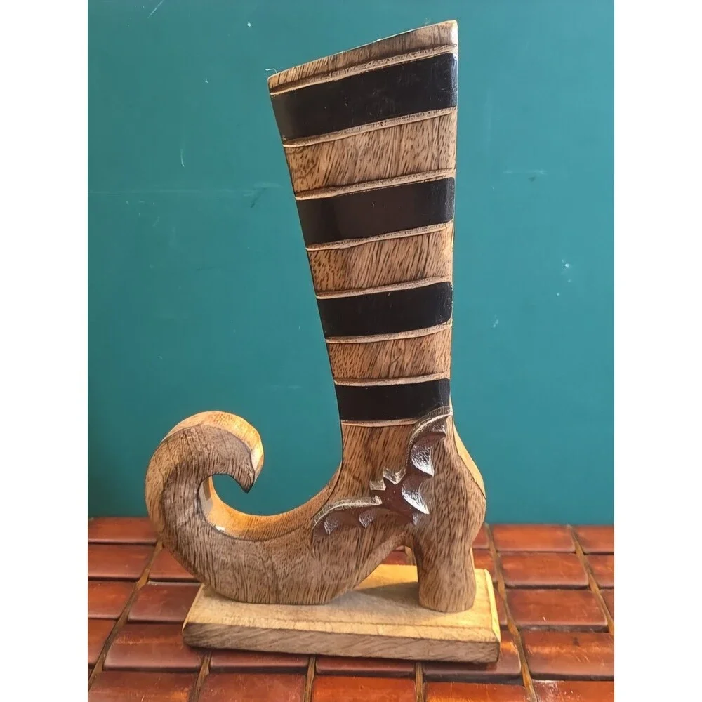 Gothic Witch Boot Halloween Wooden Decor Striped w/ Metal Bat 10.5